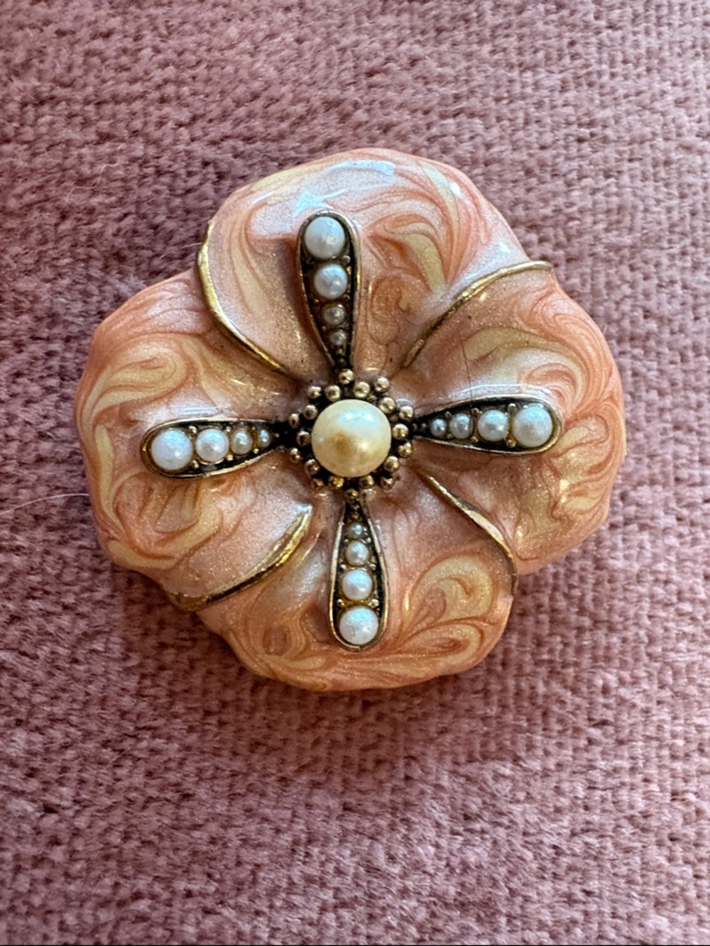 Vintage Pink Enamel Flower Brooch with Pearls